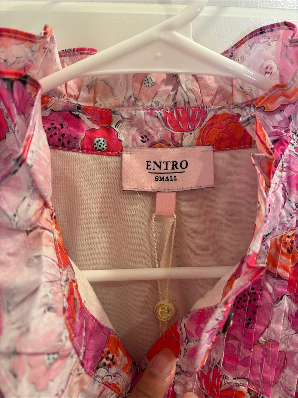 NWT Entro Pink Orange Floral Midi Dress Ruffle Puff Sleeve Cottagecore Boho Smal - Picture 2 of 5